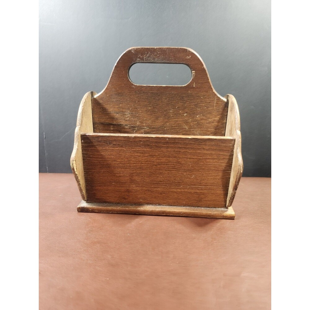vintage wooden caddy or tabletop organizer